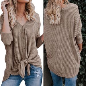 ✨THE WAFFLE KNIT KNOT HENLEY TOP IN KHAKI NWT*✨